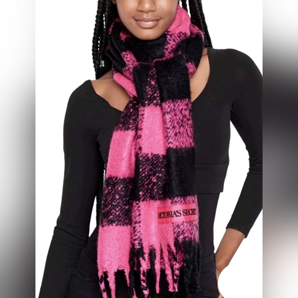 Victoria's Secret Hot Pink Black Buffalo Plaid Soft Knit Fringe Scarf Embroidery